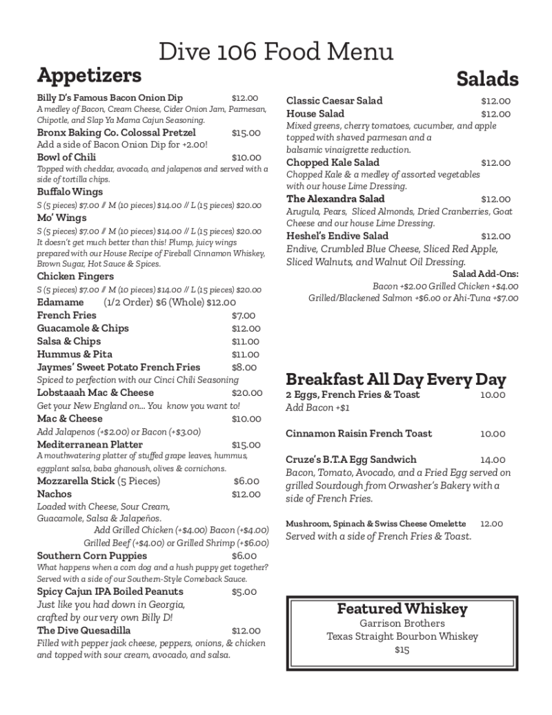 Dive 106 Lunch & Dinner Menu Dive106Dive Bar NYC