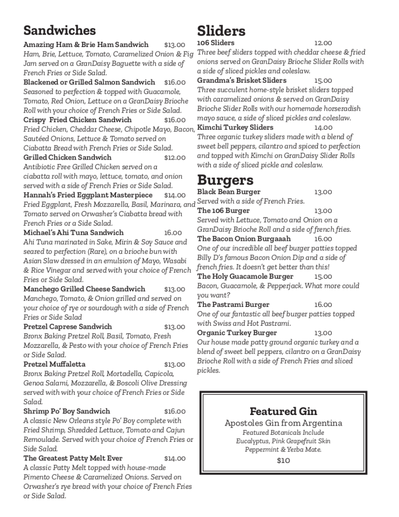 Dive 106 Lunch & Dinner Menu - Dive106-Dive Bar NYC